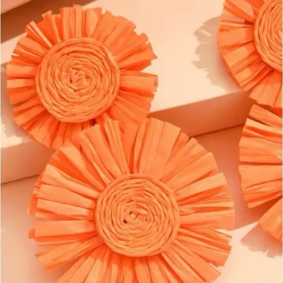 Orange Floral Raffia Straw Statement Earrings Summer Colourful Flowers Long Post - Picture 2 of 2